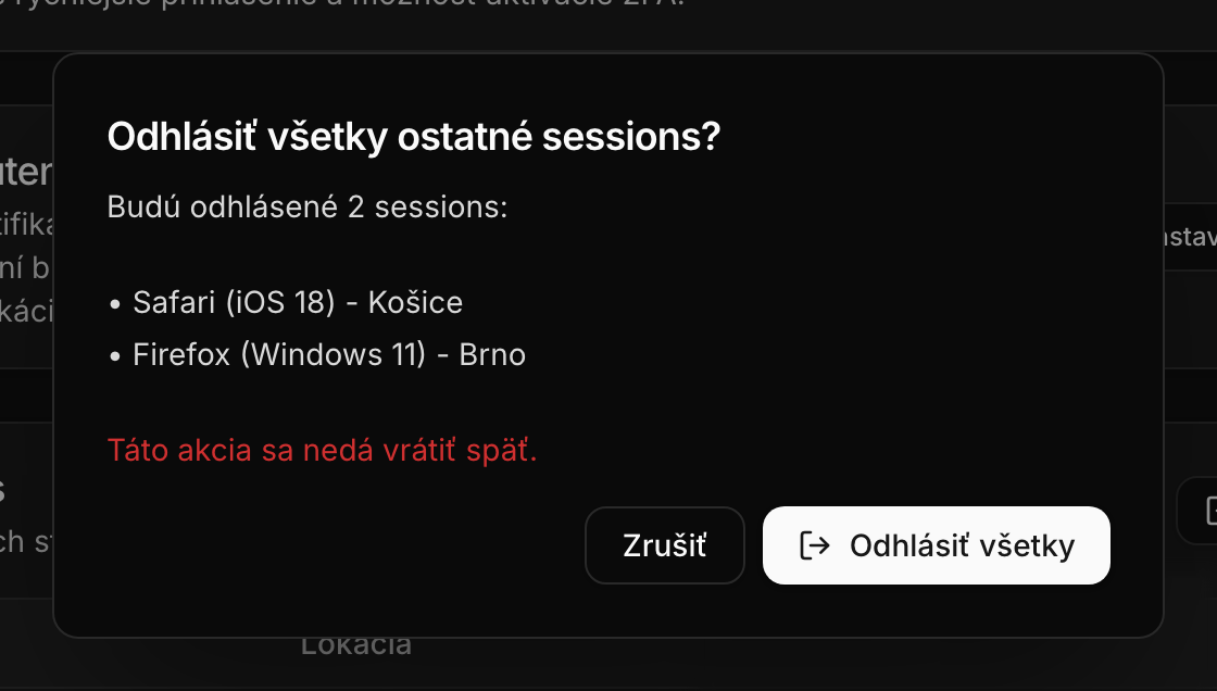 Potvrdenie odhlásenia všetkých ostatných relácií