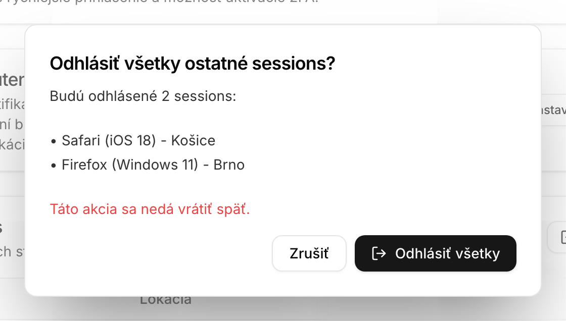Potvrdenie odhlásenia všetkých ostatných relácií