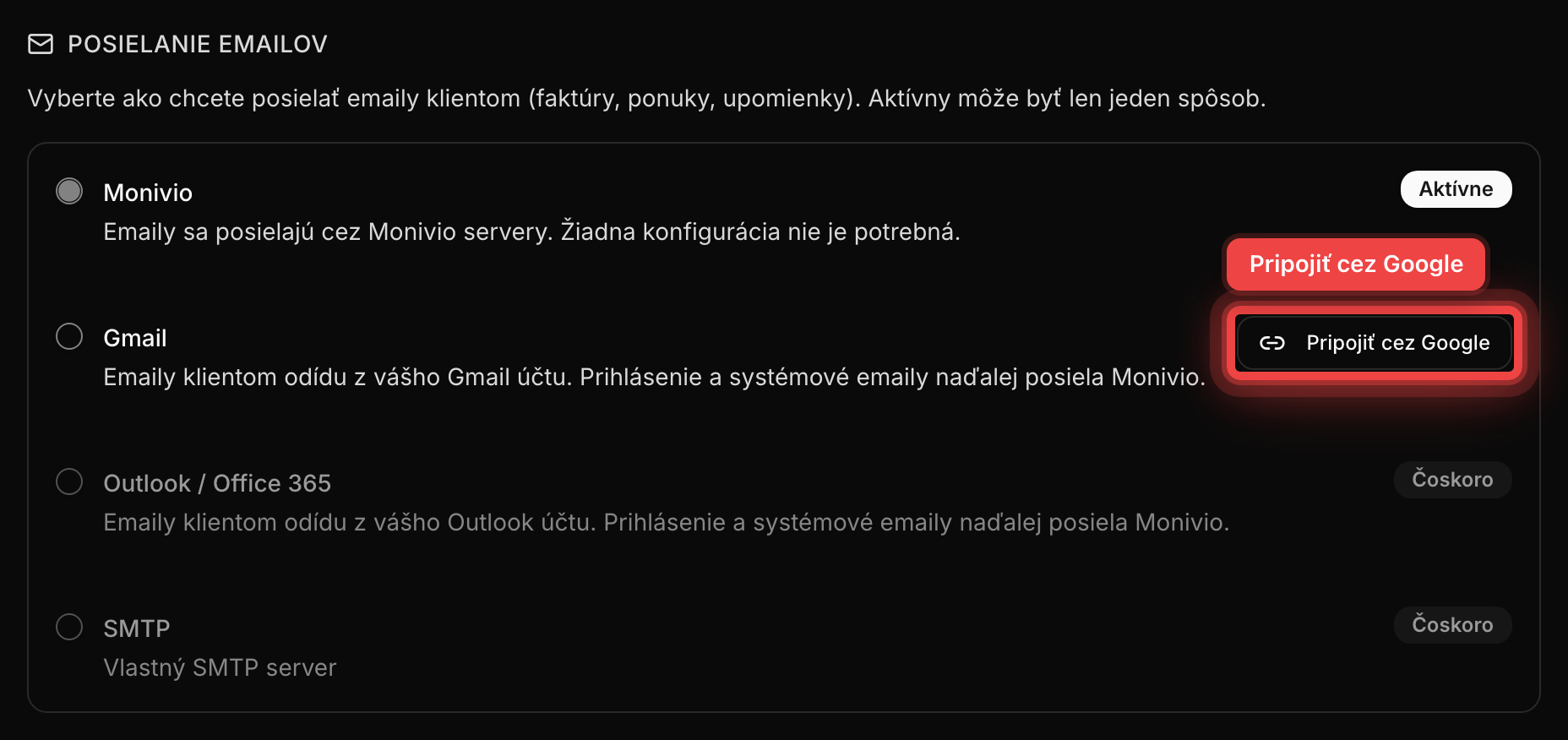 Sekcia Posielanie emailov v nastaveniach integrácií so zvýrazneným tlačidlom Pripojiť cez Google