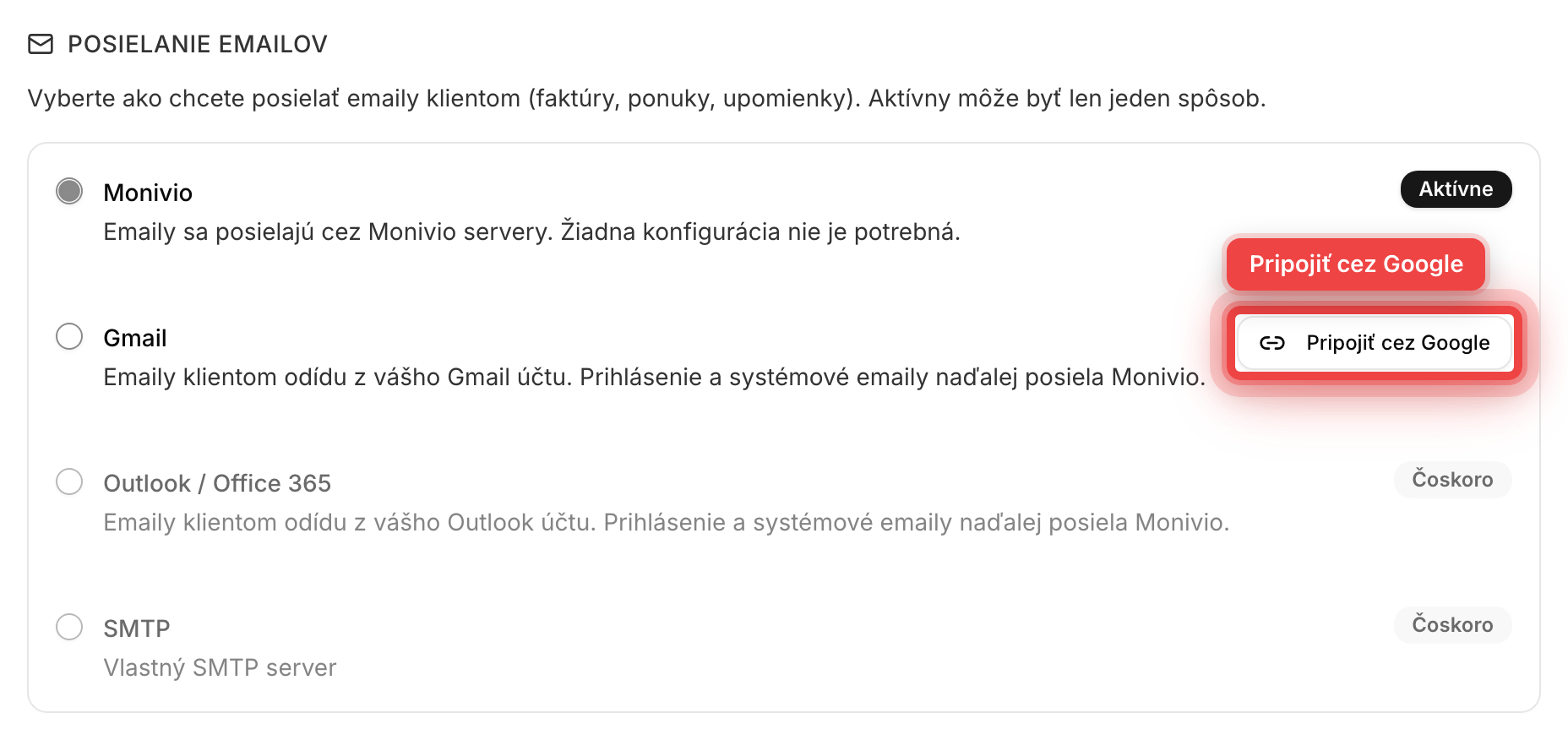 Sekcia Posielanie emailov v nastaveniach integrácií so zvýrazneným tlačidlom Pripojiť cez Google