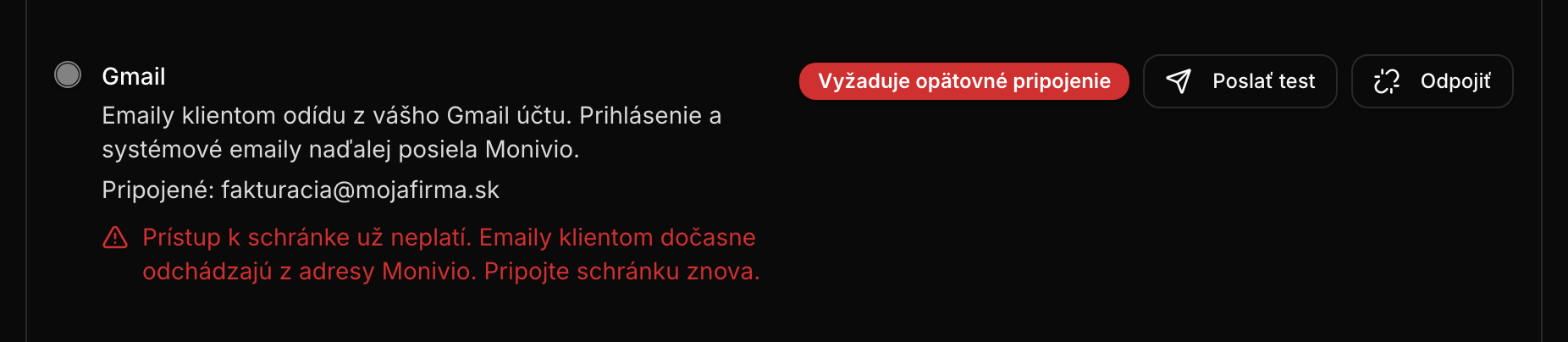 Upozornenie, že schránka vyžaduje opätovné pripojenie