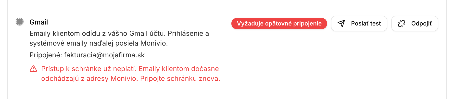 Upozornenie, že schránka vyžaduje opätovné pripojenie