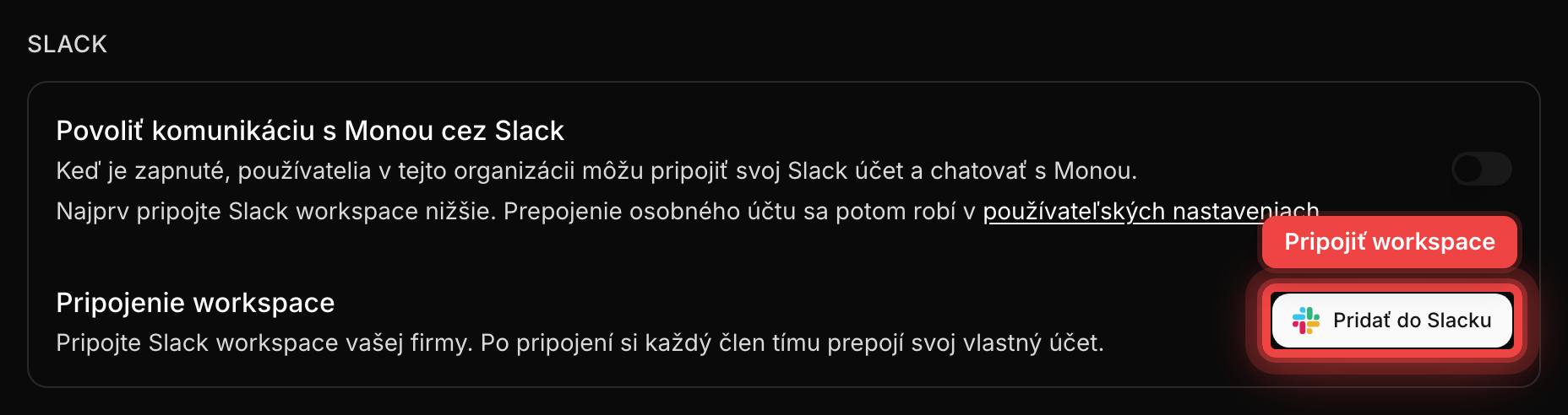 Sekcia Slack v Nastavenia → Mona