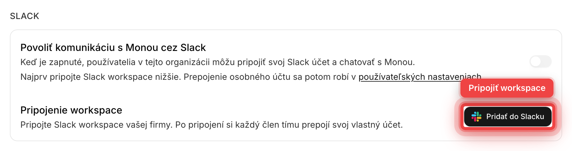 Sekcia Slack v Nastavenia → Mona