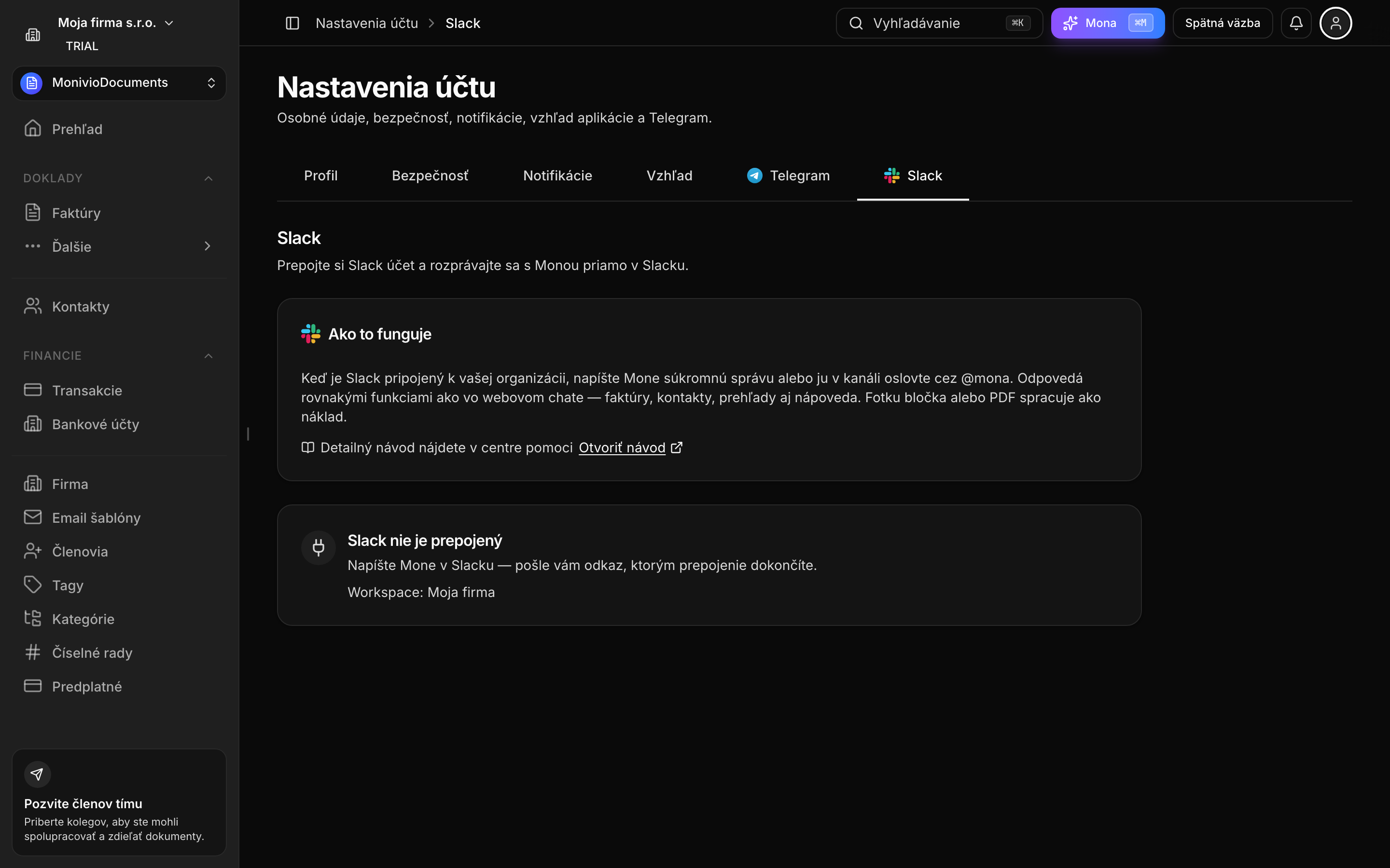 Profil → Slack pred prepojením osobného účtu