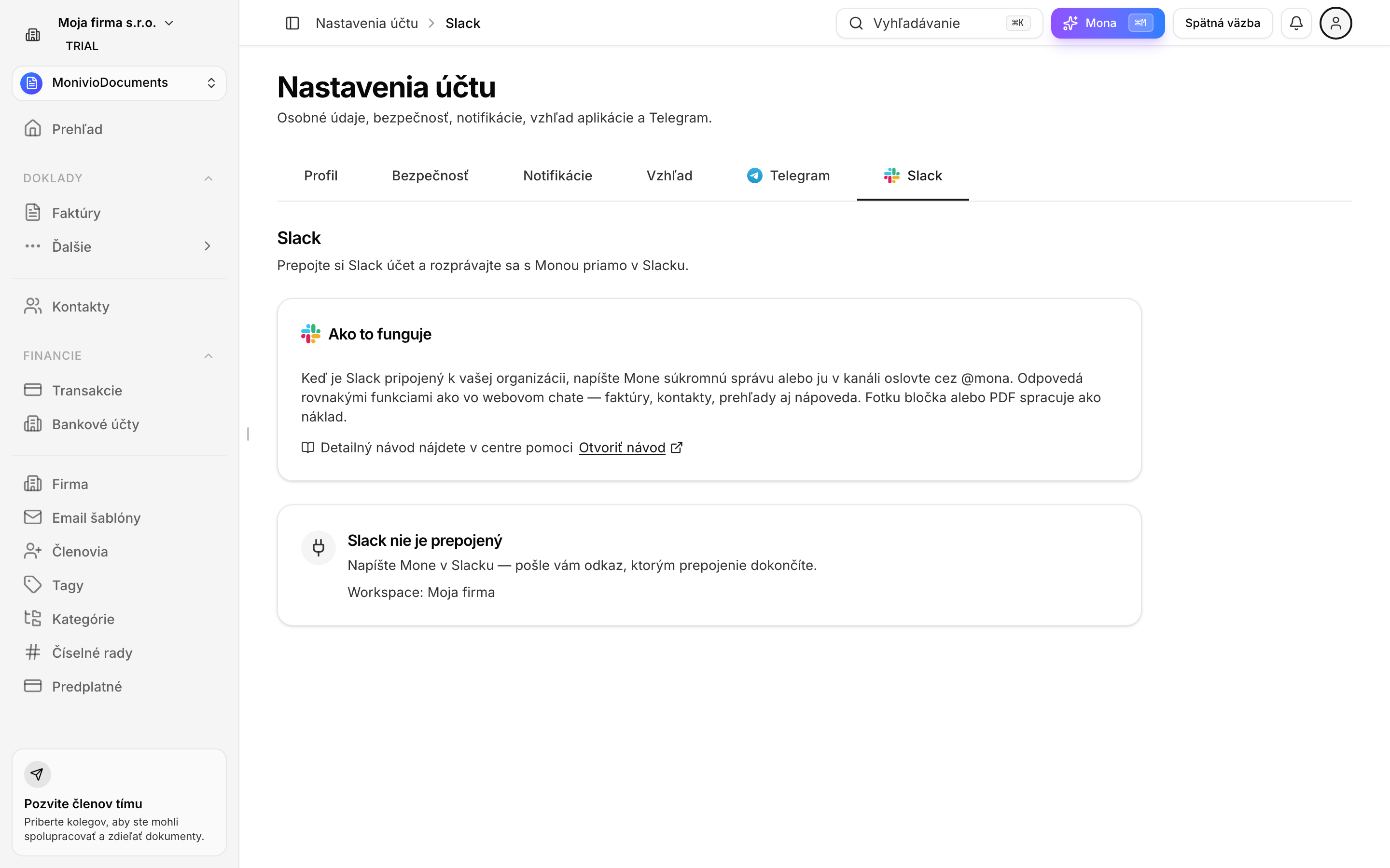 Profil → Slack pred prepojením osobného účtu