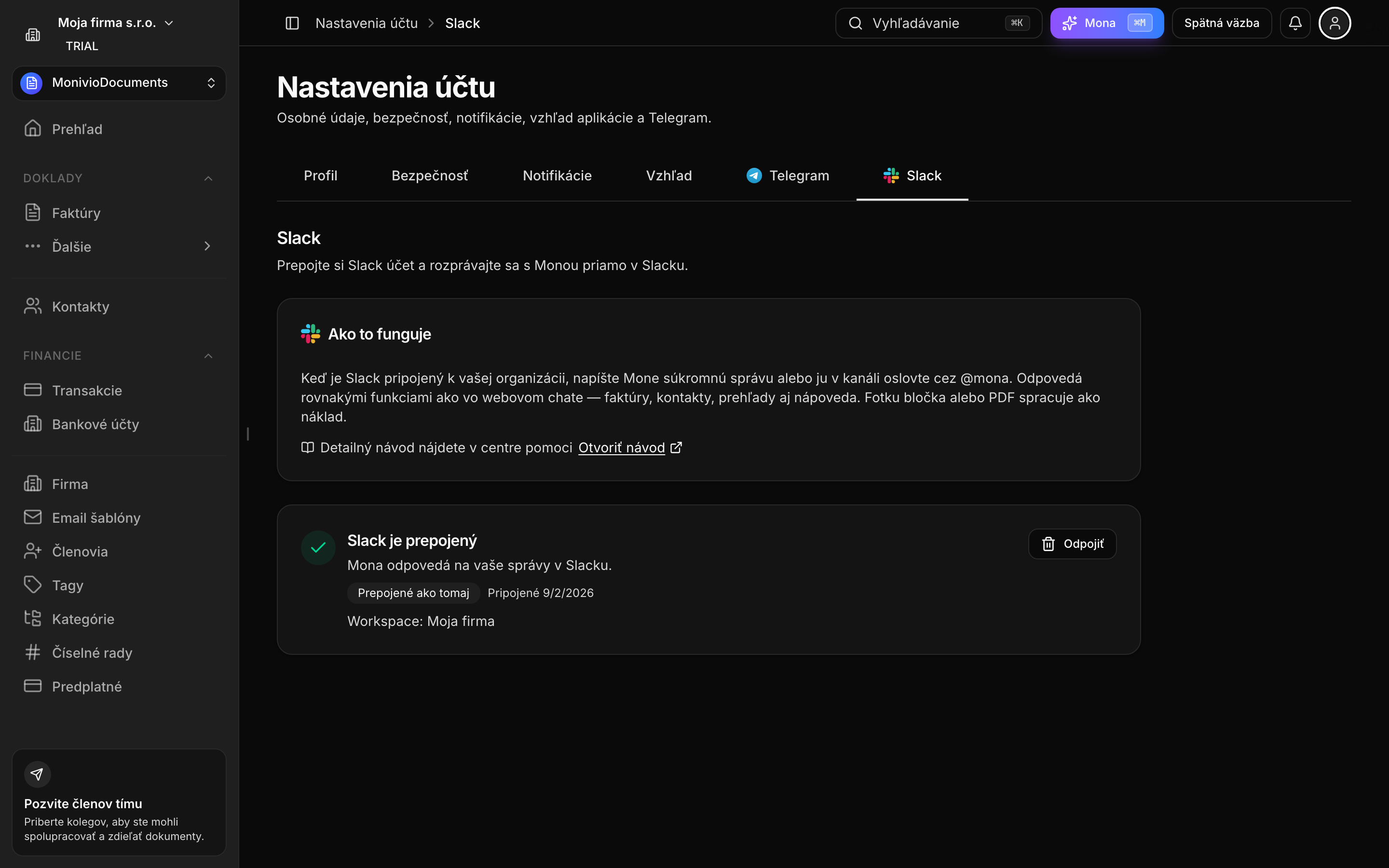 Profil → Slack s prepojeným účtom a tlačidlom Odpojiť