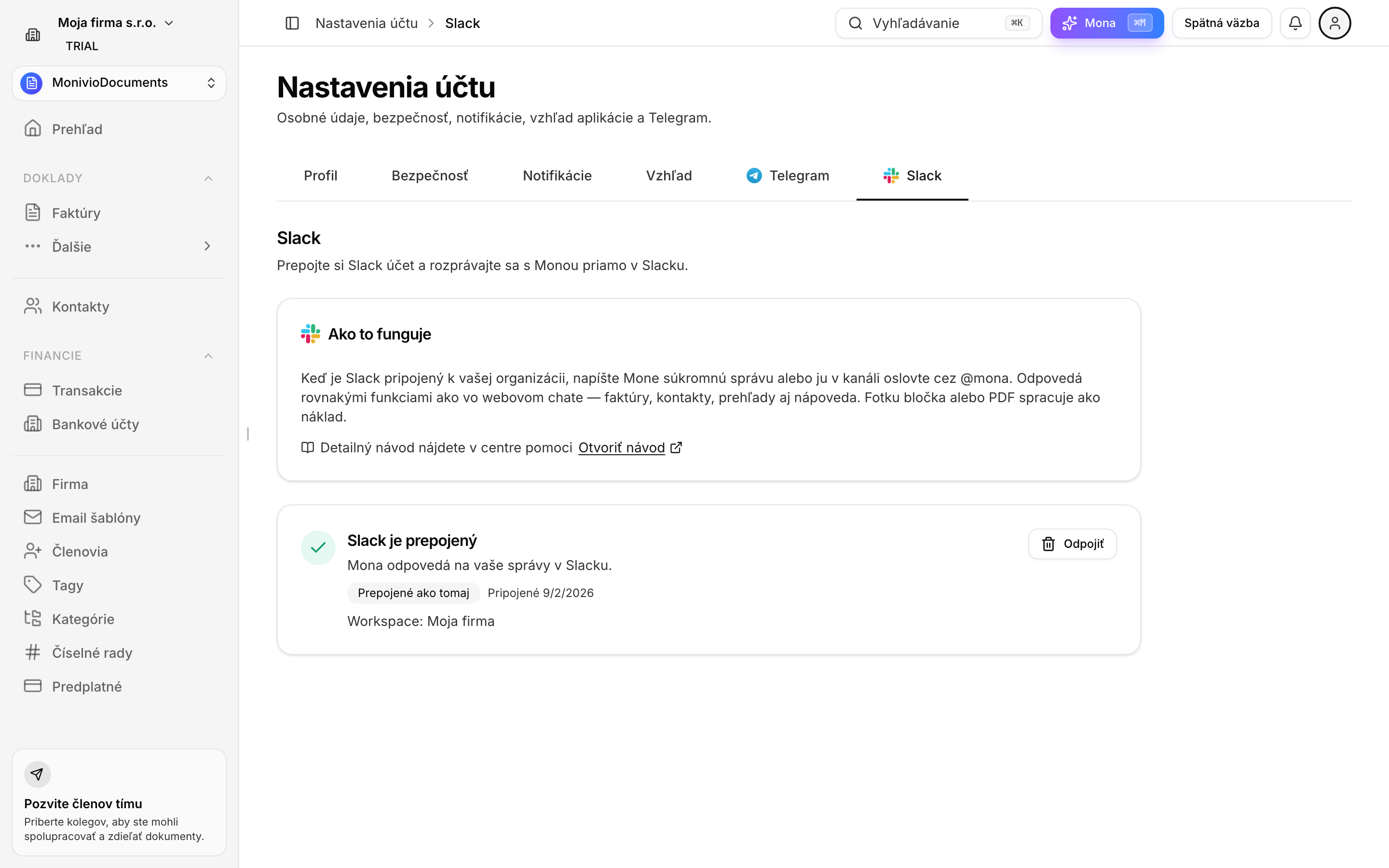 Profil → Slack s prepojeným účtom a tlačidlom Odpojiť