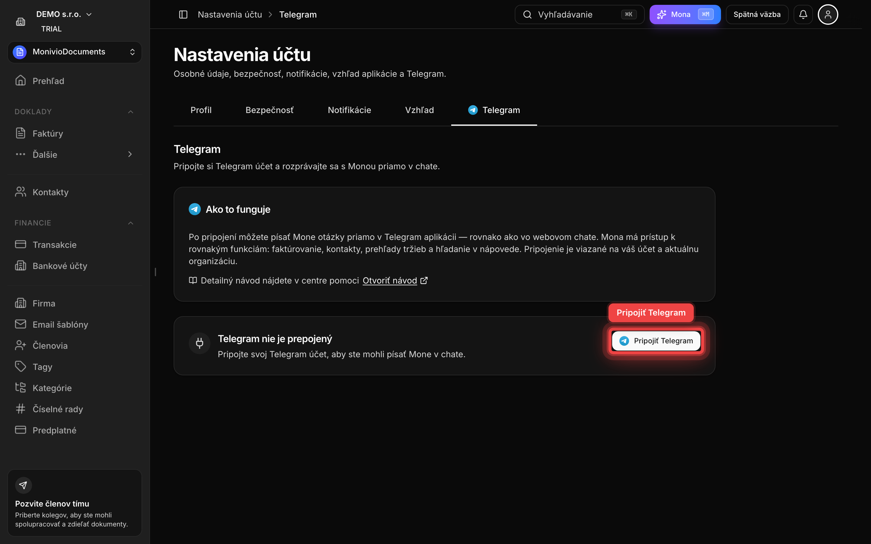 Profil → Telegram záložka v Monivio