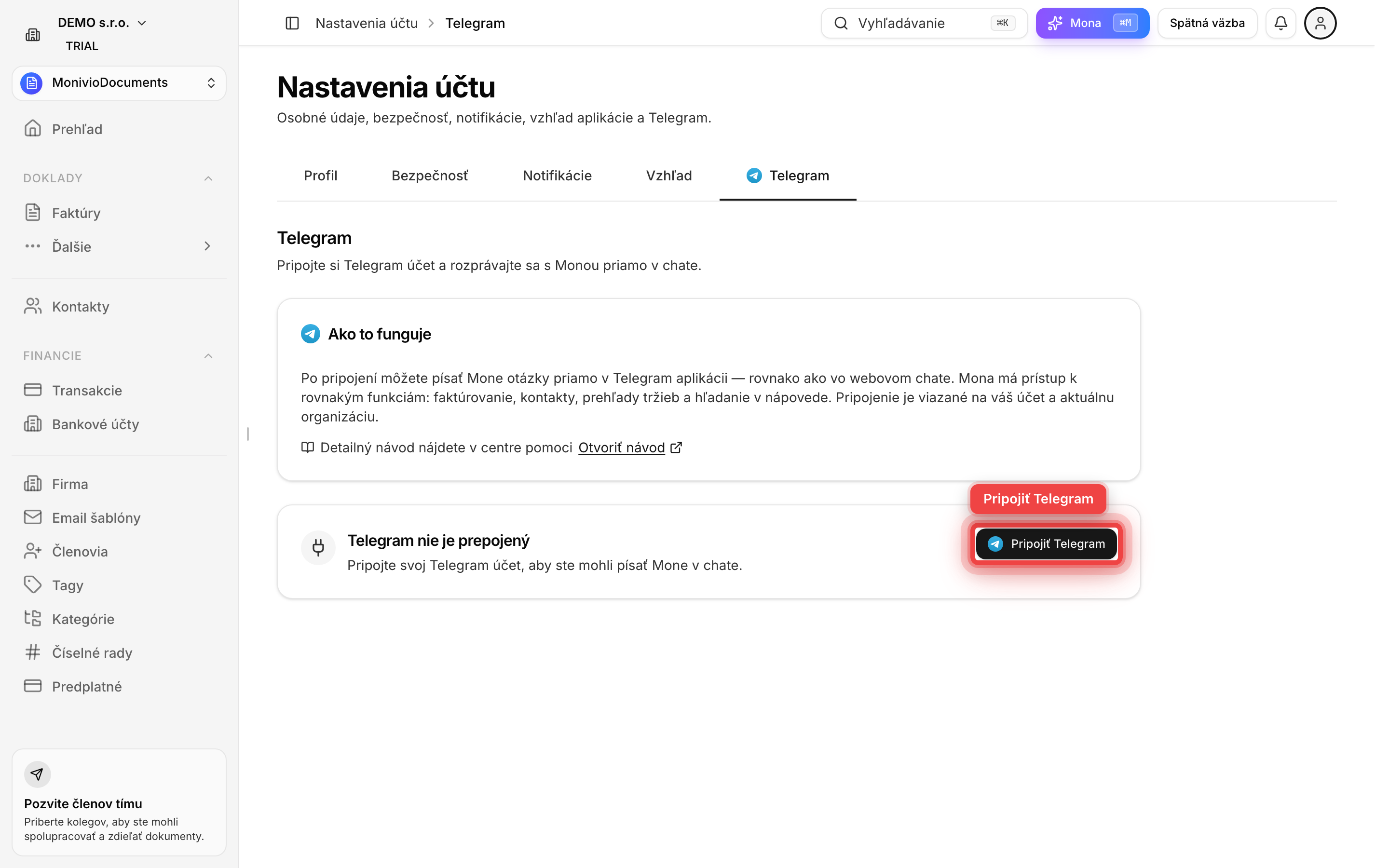 Profil → Telegram záložka v Monivio