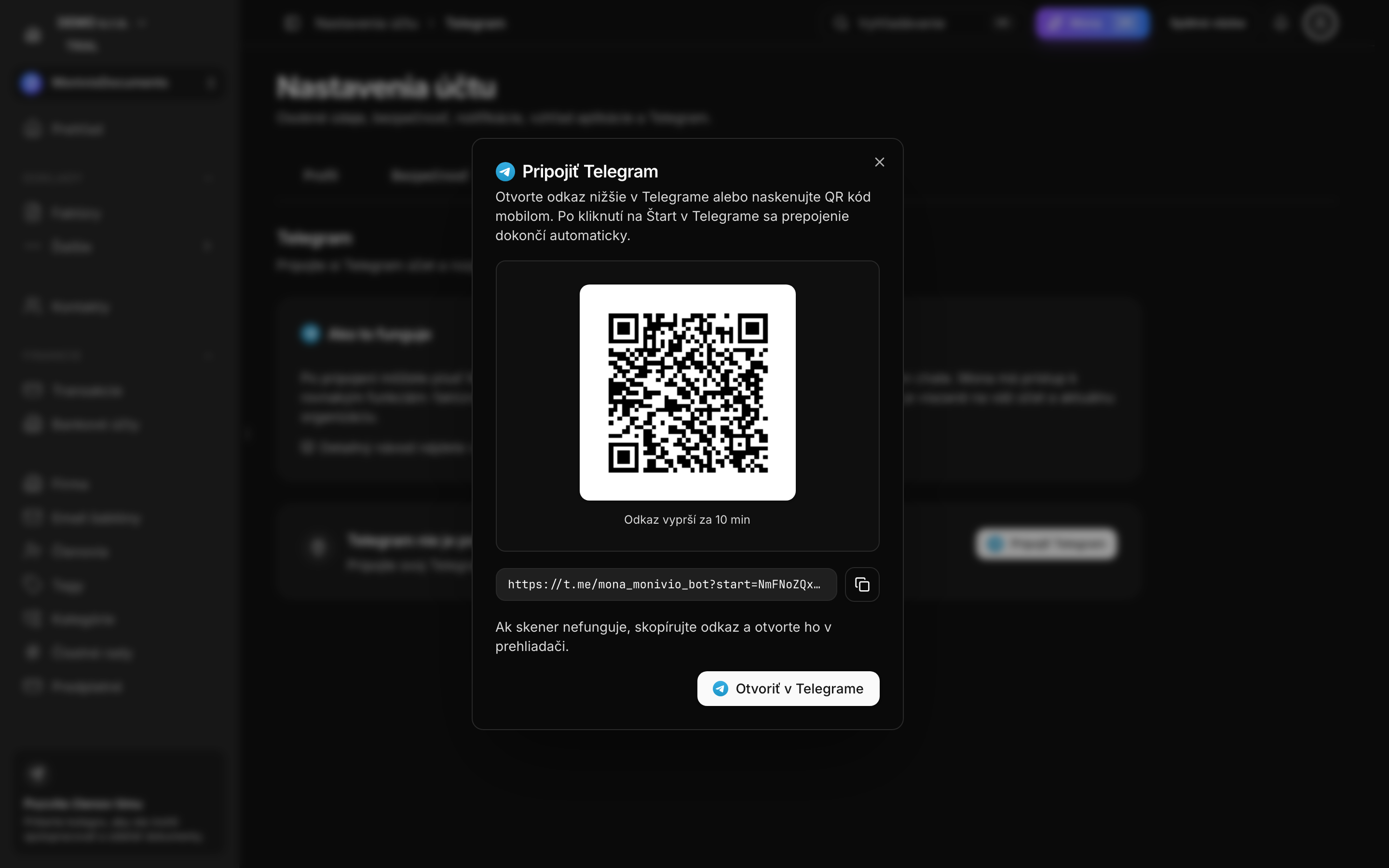 Tlačidlo Pripojiť Telegram a vygenerovaný odkaz