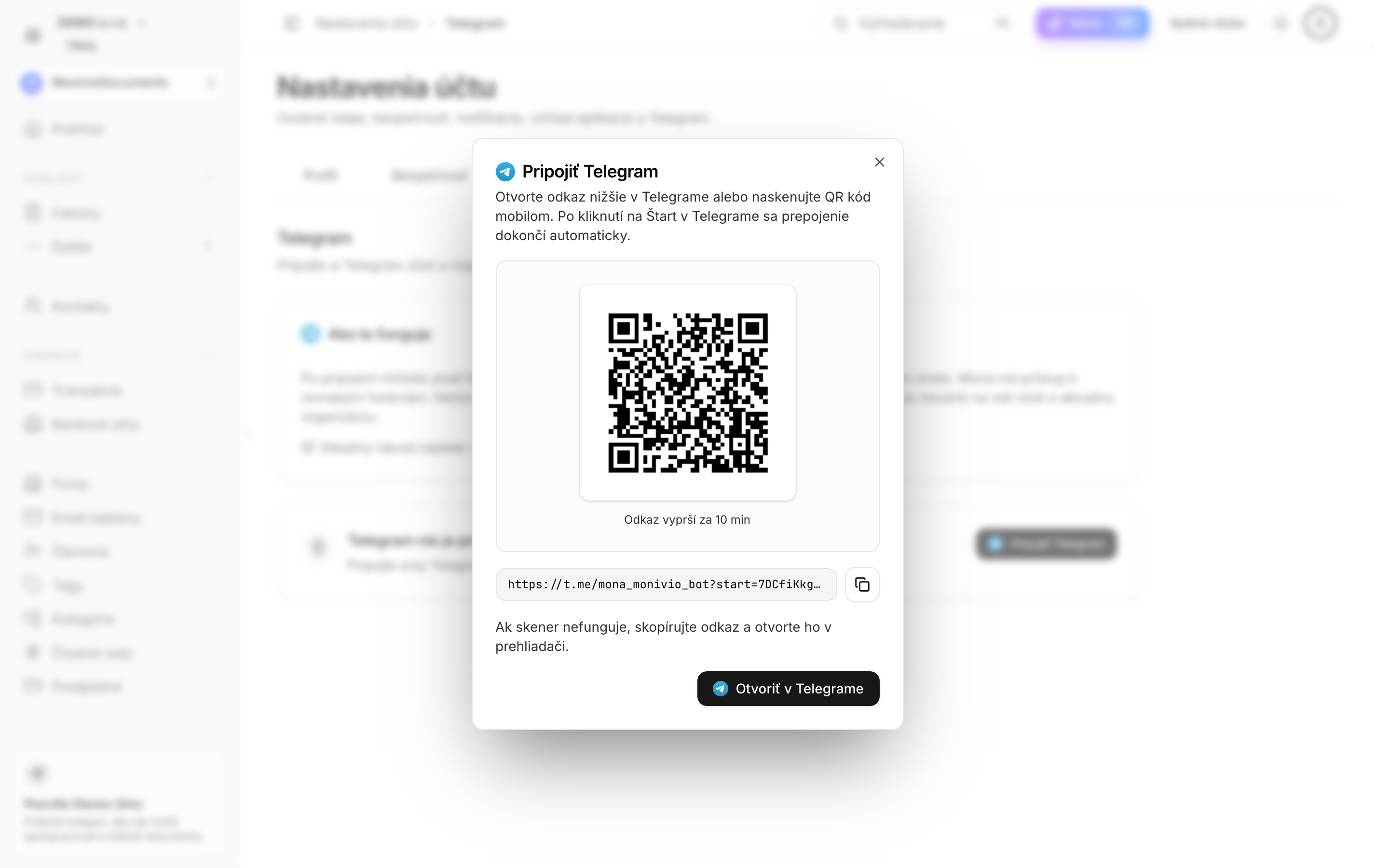 Tlačidlo Pripojiť Telegram a vygenerovaný odkaz