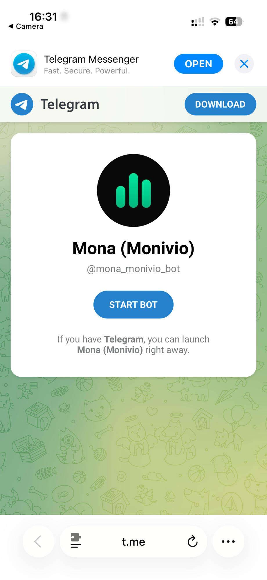 Telegram chat s Monou — tlačidlo Štart