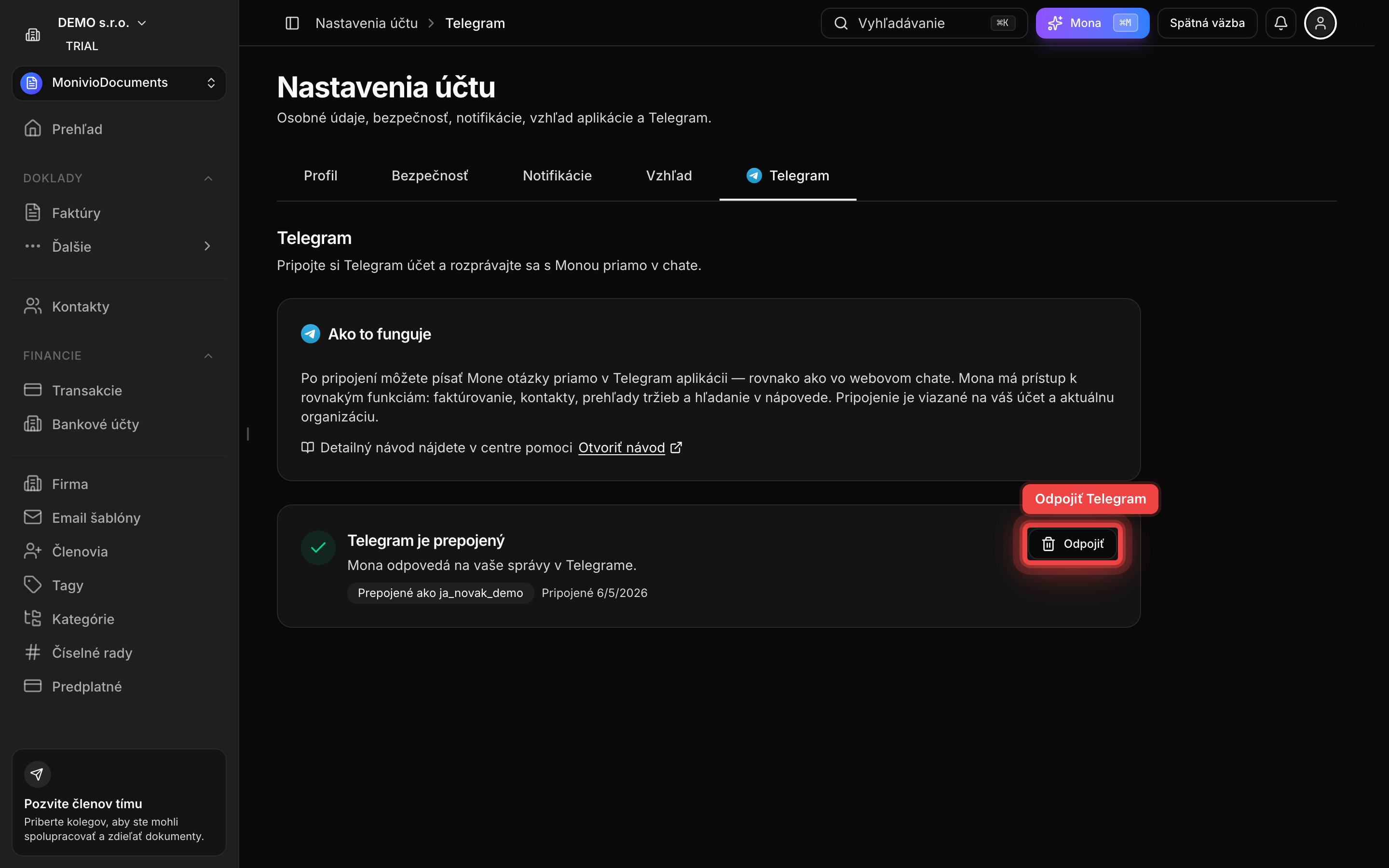 Tlačidlo Odpojiť v Profil → Telegram