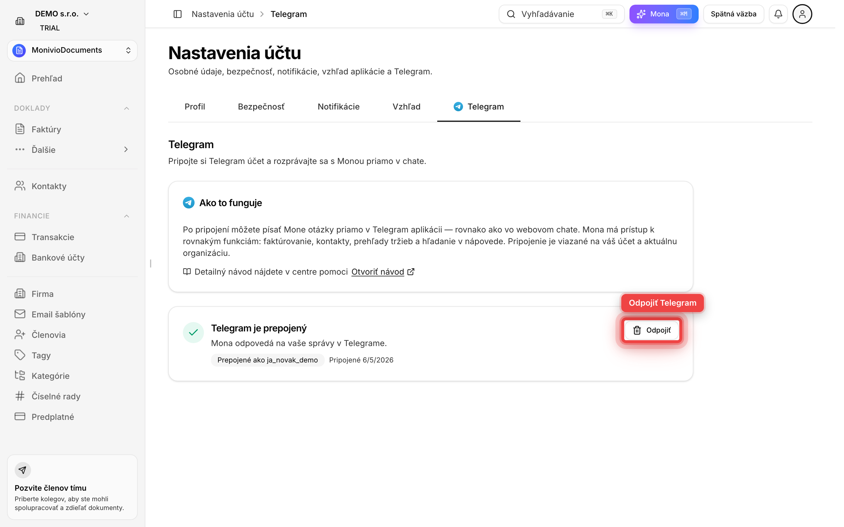 Tlačidlo Odpojiť v Profil → Telegram