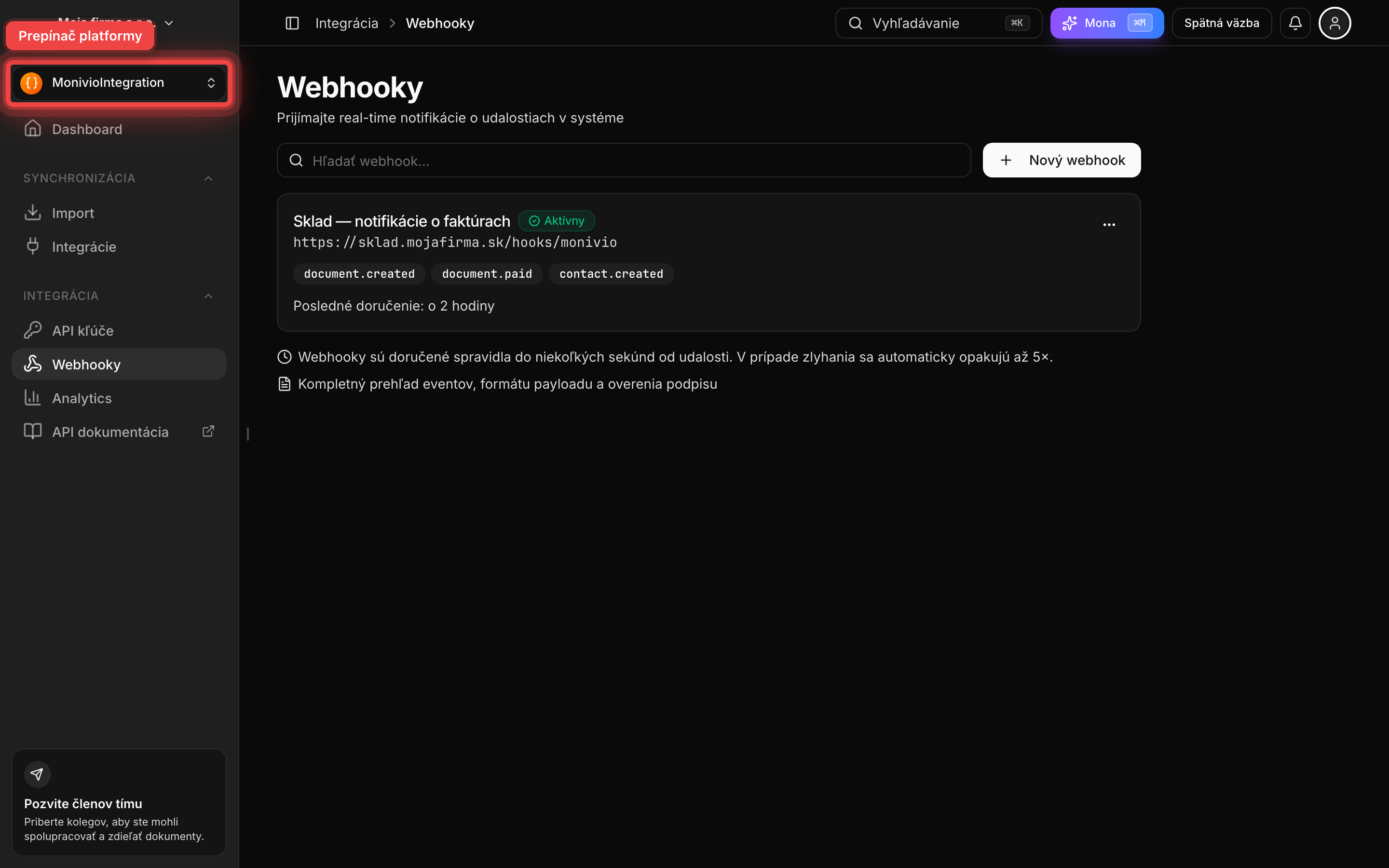 Ľavé menu modulu MonivioIntegration s položkou Webhooky
