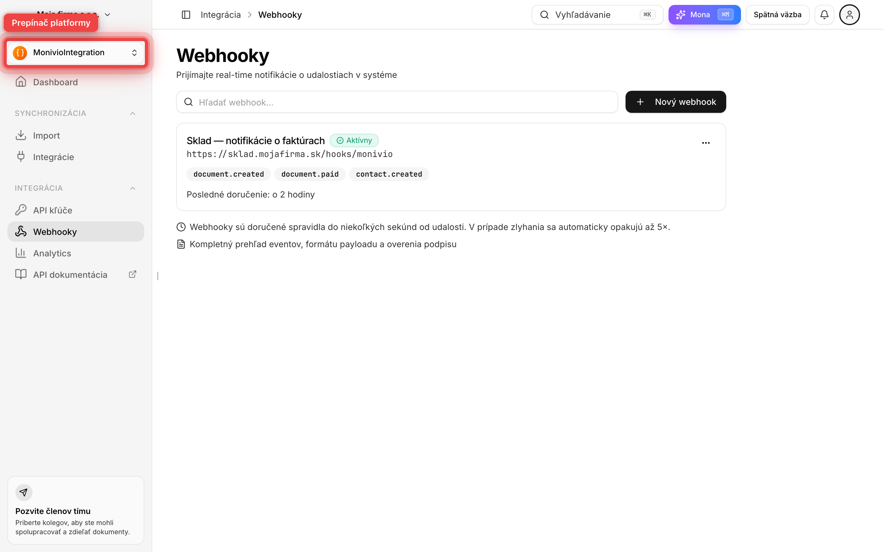 Ľavé menu modulu MonivioIntegration s položkou Webhooky