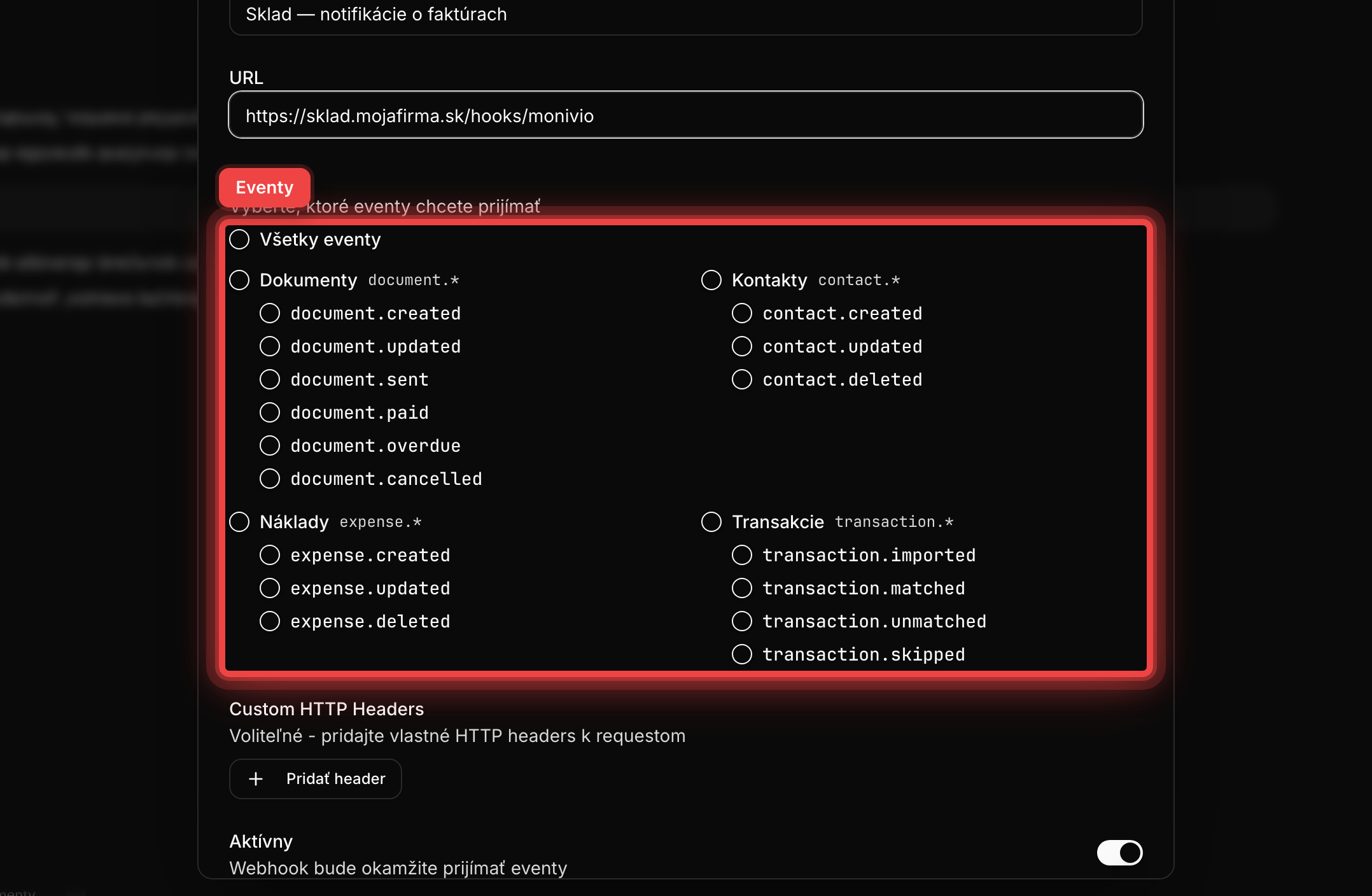 Formulár webhooku s URL a výberom eventov