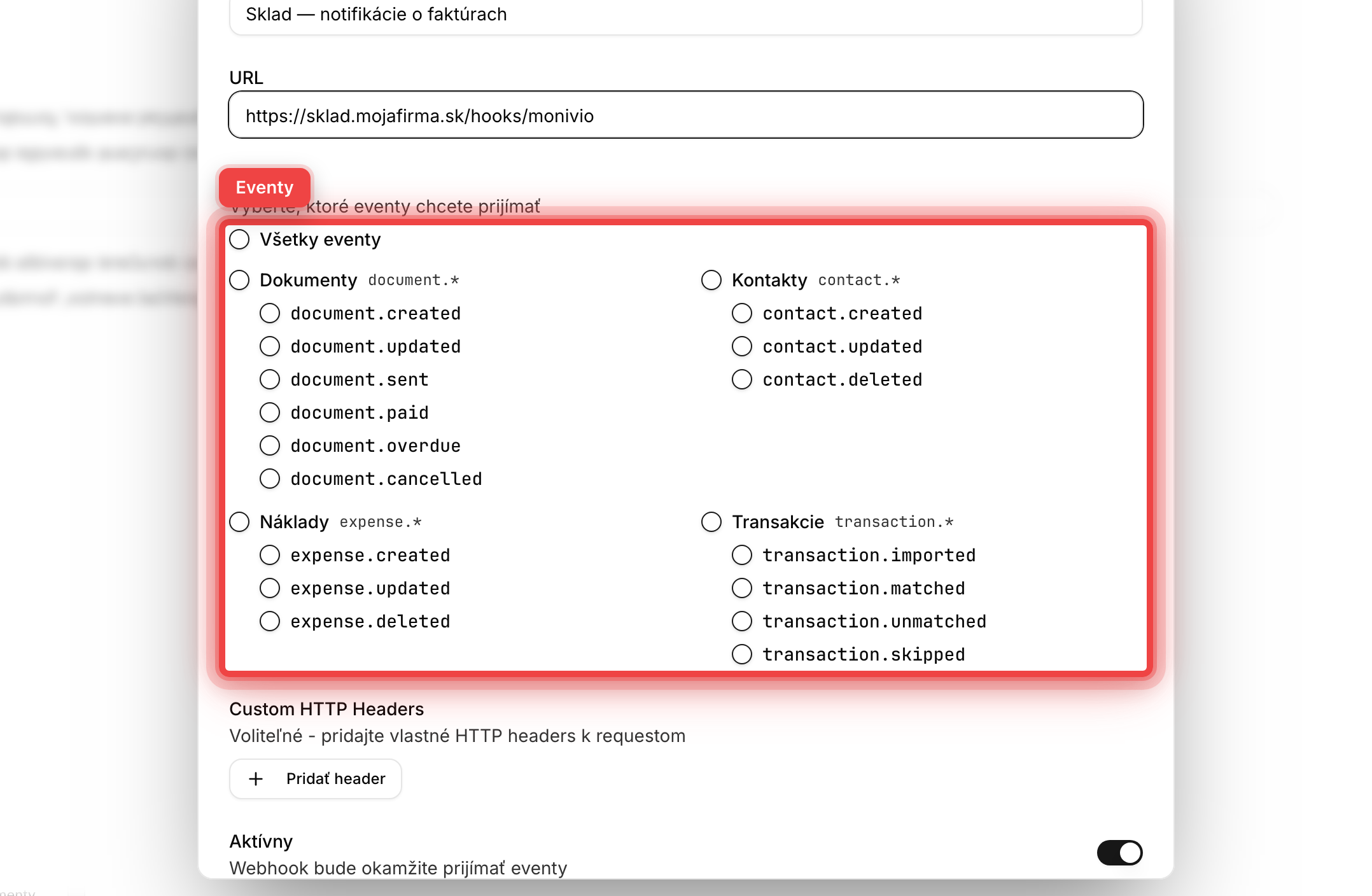 Formulár webhooku s URL a výberom eventov
