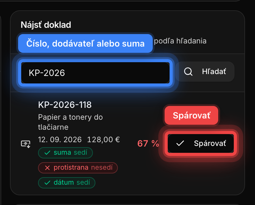 Karta Nájsť doklad s vyhľadávaním a výsledkom pripraveným na spárovanie