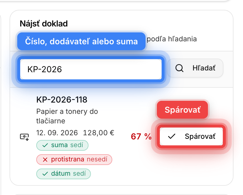Karta Nájsť doklad s vyhľadávaním a výsledkom pripraveným na spárovanie