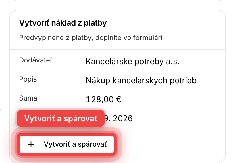 Karta Vytvoriť náklad z platby s predvyplneným dodávateľom, popisom, sumou a dátumom