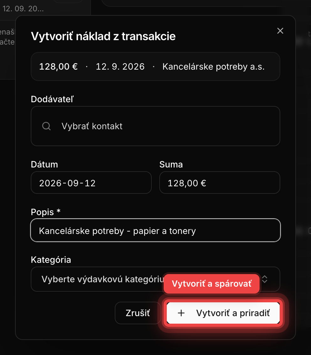 Formulár vytvorenia nákladu z bankovej platby s vyplneným popisom