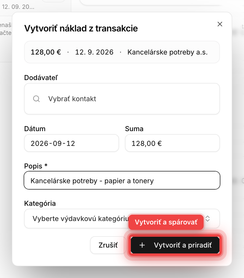 Formulár vytvorenia nákladu z bankovej platby s vyplneným popisom