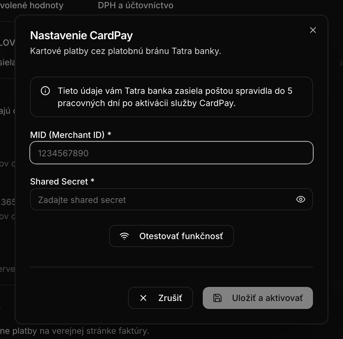 Nastavenie CardPay — MID a Shared Secret