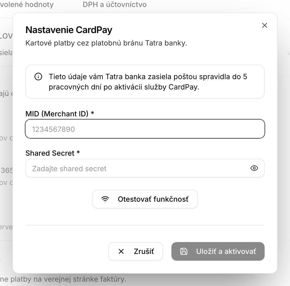 Nastavenie CardPay — MID a Shared Secret