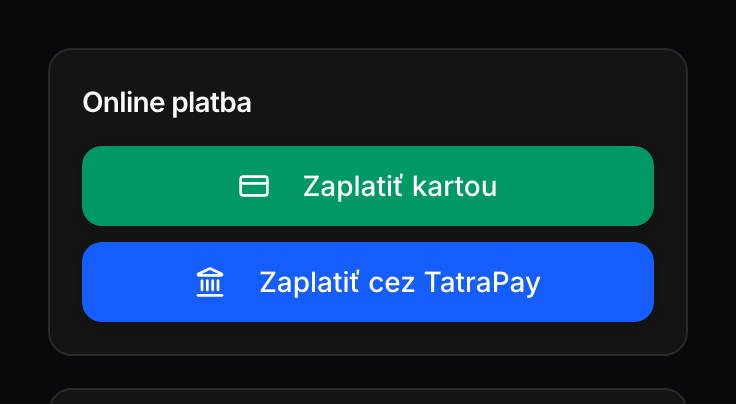 Verejná stránka faktúry s tlačidlami Zaplatiť kartou a Zaplatiť cez TatraPay
