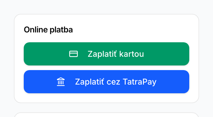 Verejná stránka faktúry s tlačidlami Zaplatiť kartou a Zaplatiť cez TatraPay