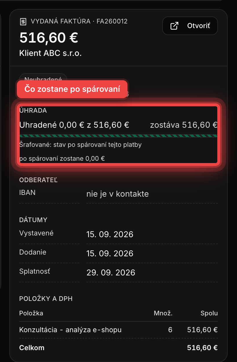 Karta dokladu s náhľadom, stavom úhrady, dátumami, položkami a DPH
