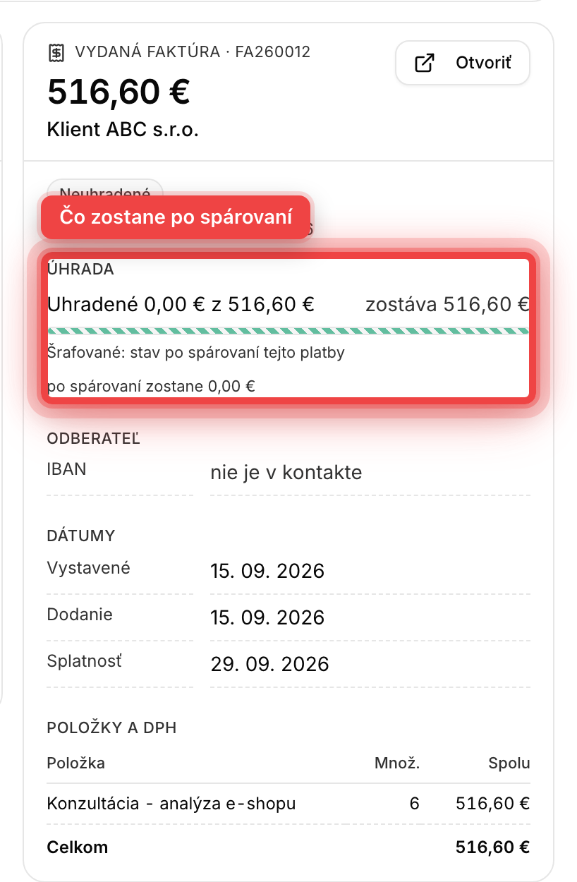 Karta dokladu s náhľadom, stavom úhrady, dátumami, položkami a DPH