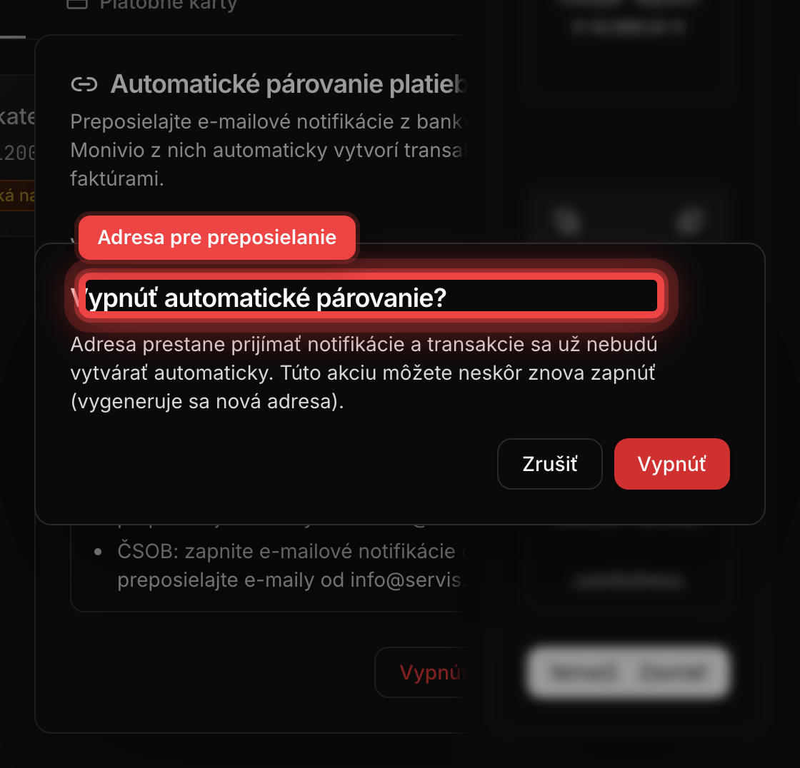 Dialóg automatického párovania s vygenerovanou e-mailovou adresou