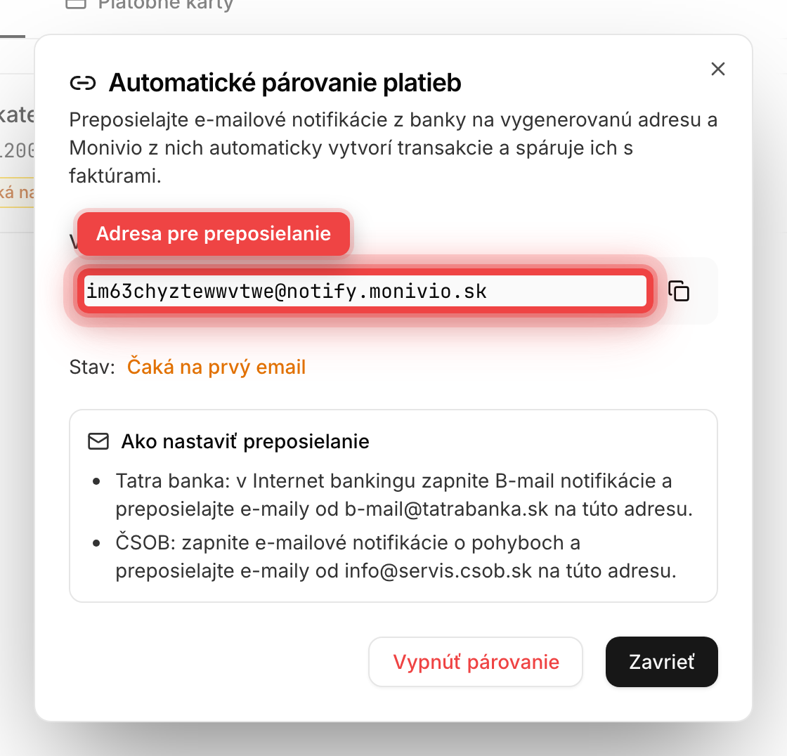 Dialóg automatického párovania s vygenerovanou e-mailovou adresou