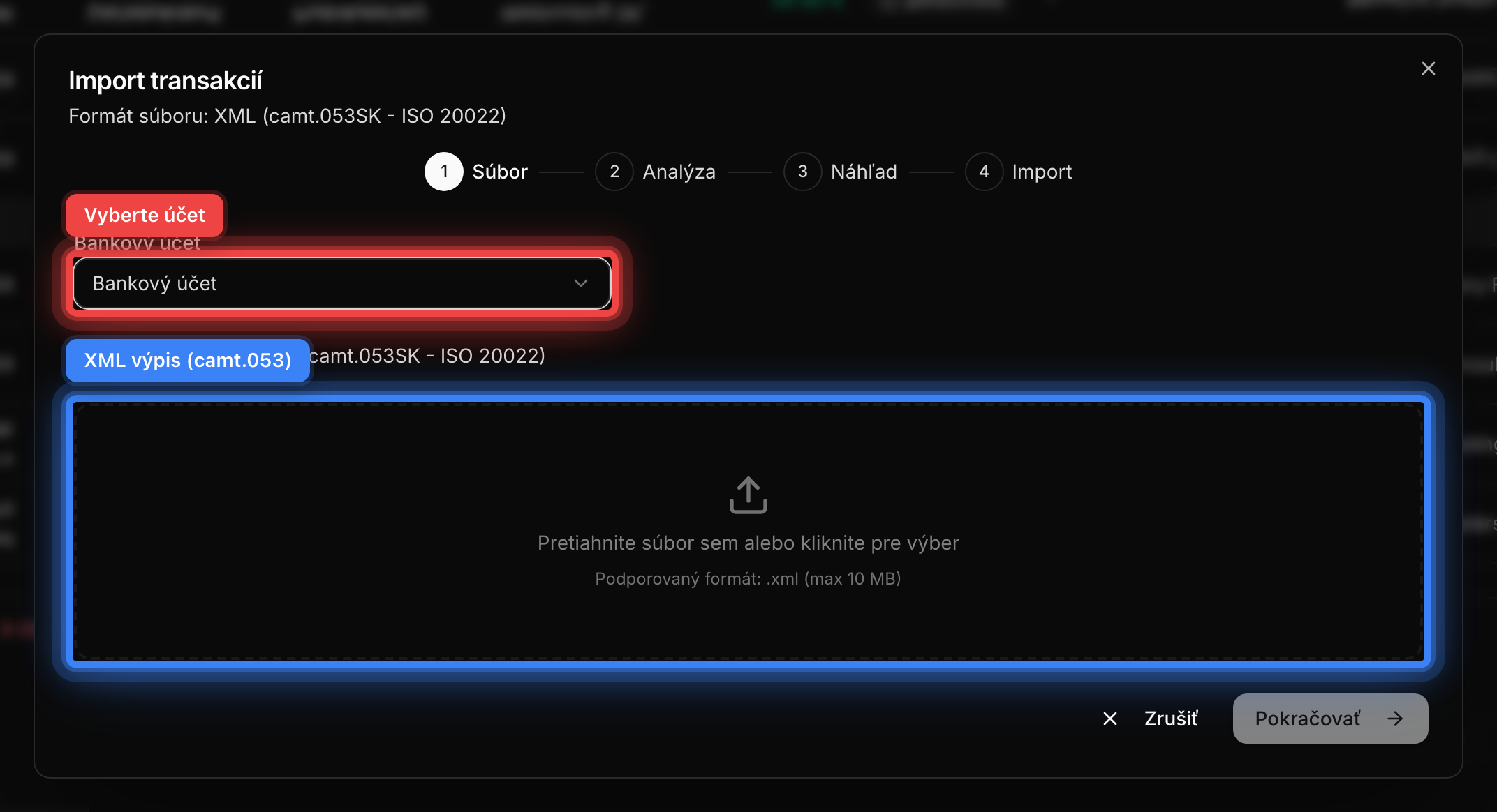 Prvý krok sprievodcu importu s výberom účtu a nahratím XML súboru