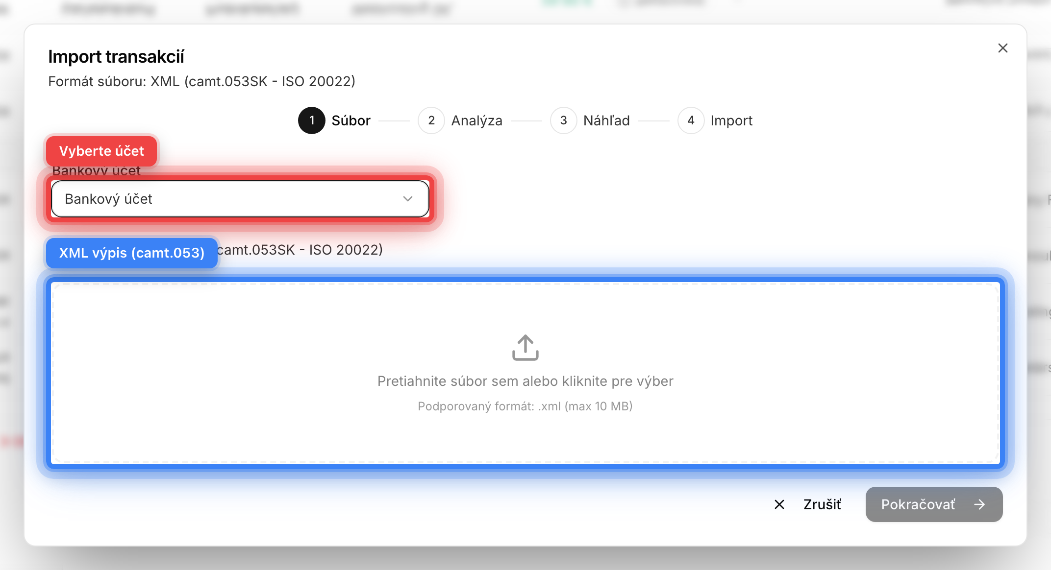 Prvý krok sprievodcu importu s výberom účtu a nahratím XML súboru