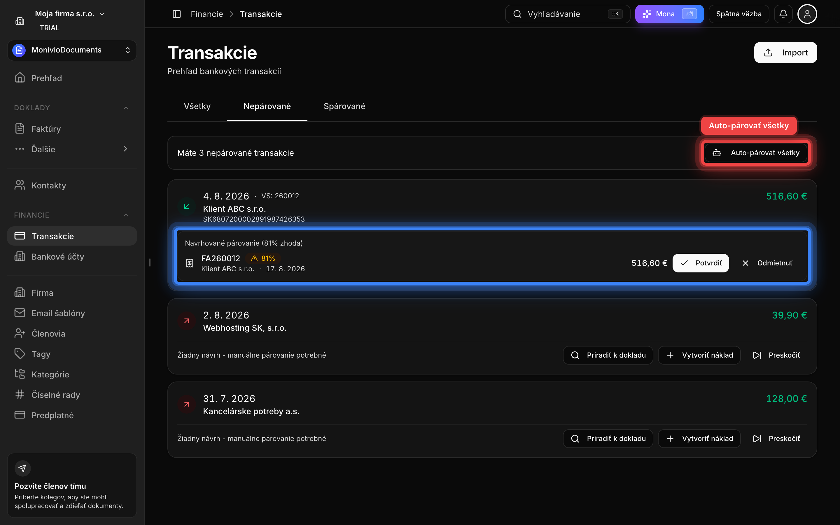 Fronta párovania s návrhom a percentom zhody
