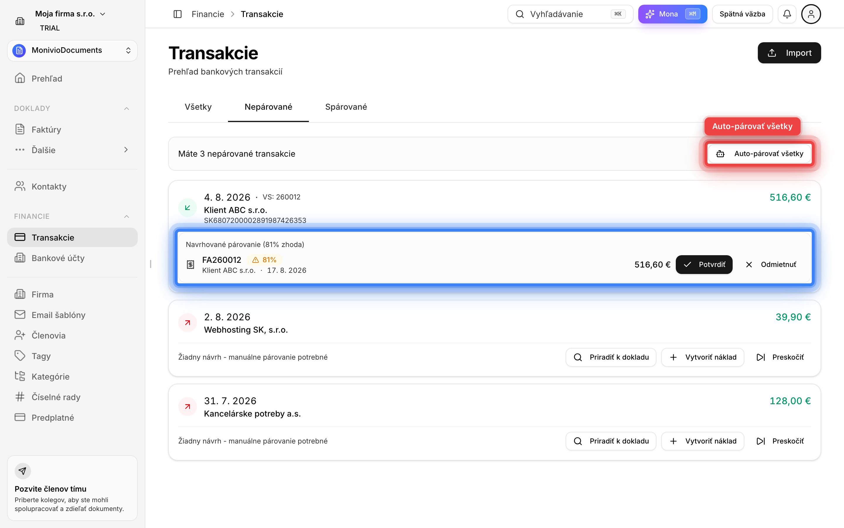 Fronta párovania s návrhom a percentom zhody
