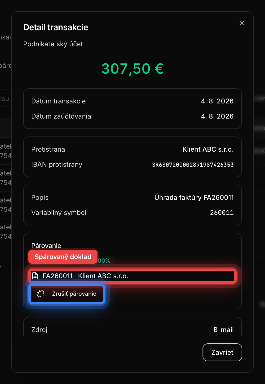 Detail transakcie so spárovaným dokladom a možnosťou zrušiť párovanie