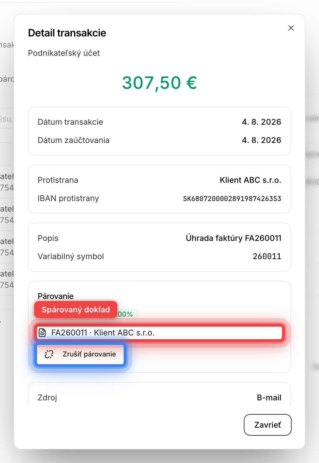Detail transakcie so spárovaným dokladom a možnosťou zrušiť párovanie