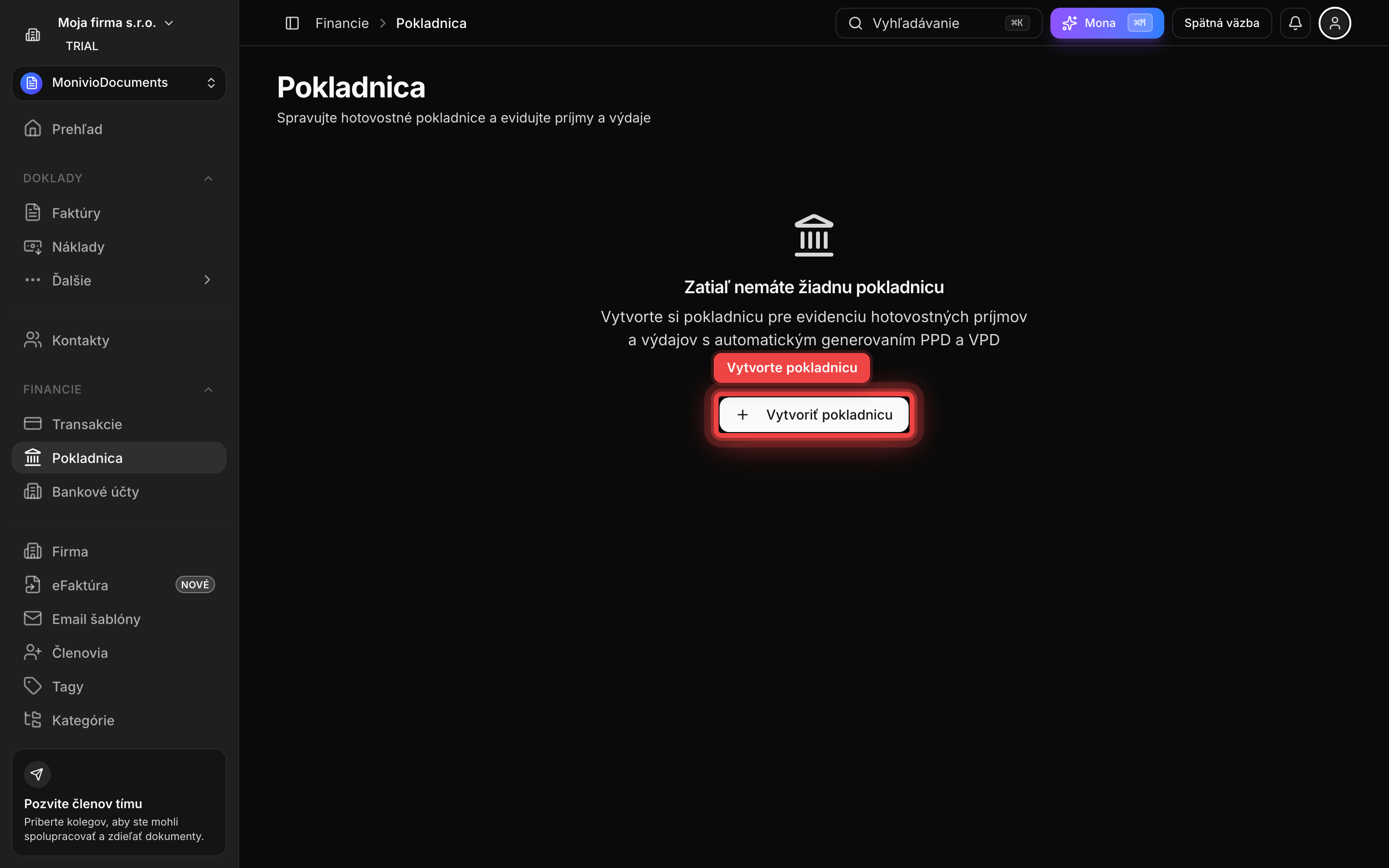 Prázdna stránka Pokladnica s tlačidlom Vytvoriť pokladnicu