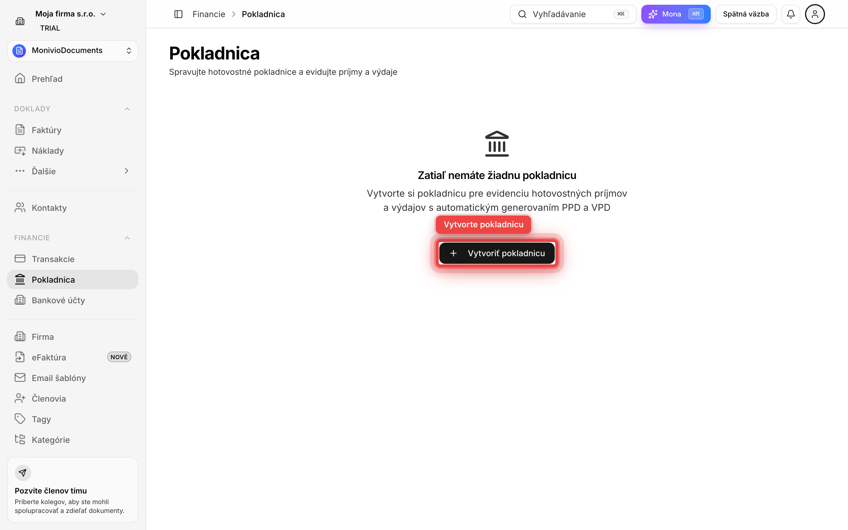 Prázdna stránka Pokladnica s tlačidlom Vytvoriť pokladnicu