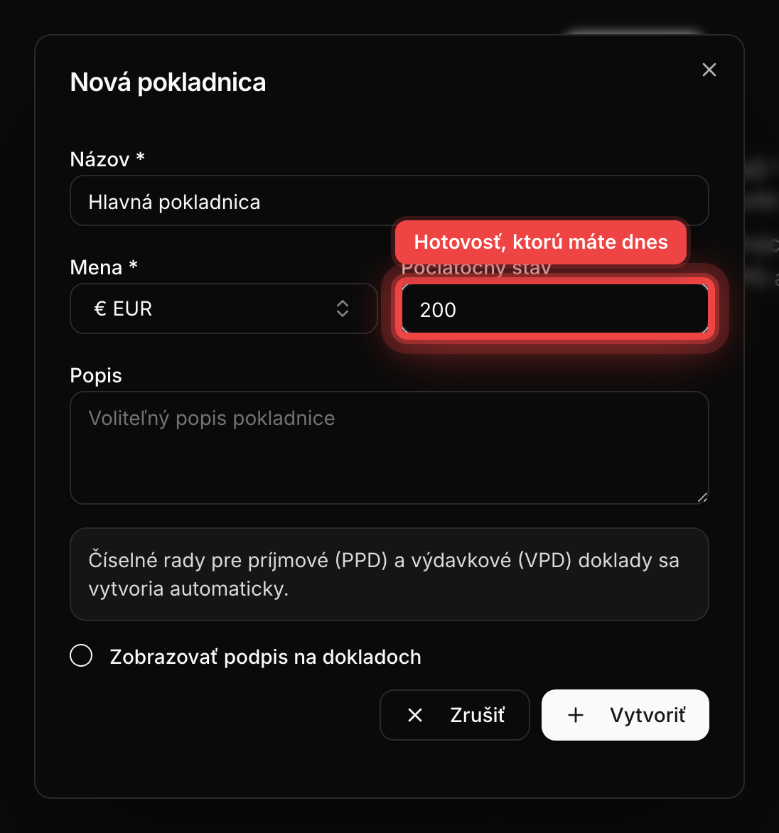 Formulár Nová pokladnica s vyplneným názvom a počiatočným stavom