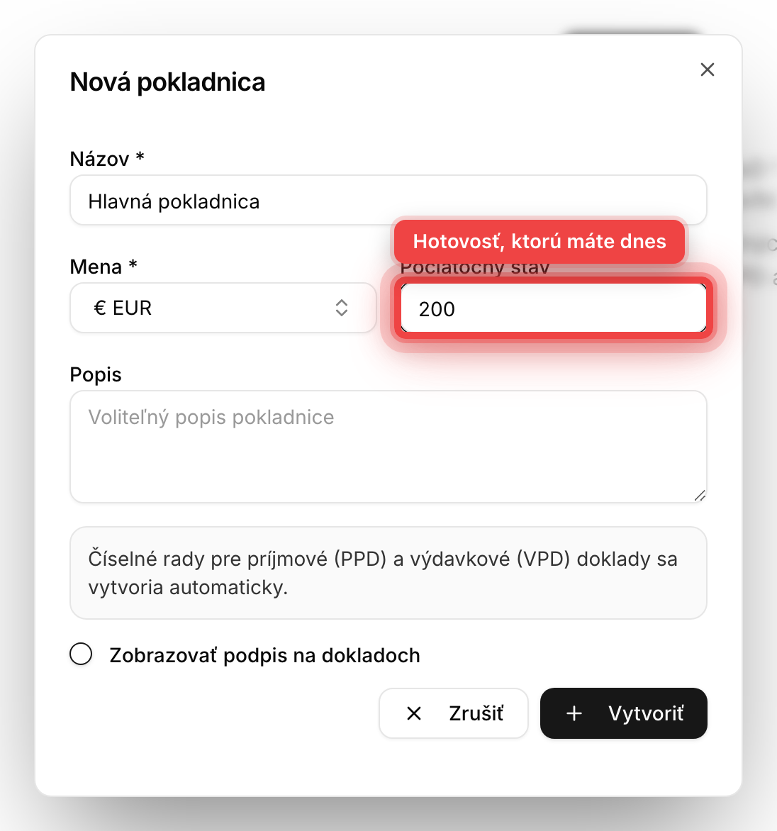 Formulár Nová pokladnica s vyplneným názvom a počiatočným stavom