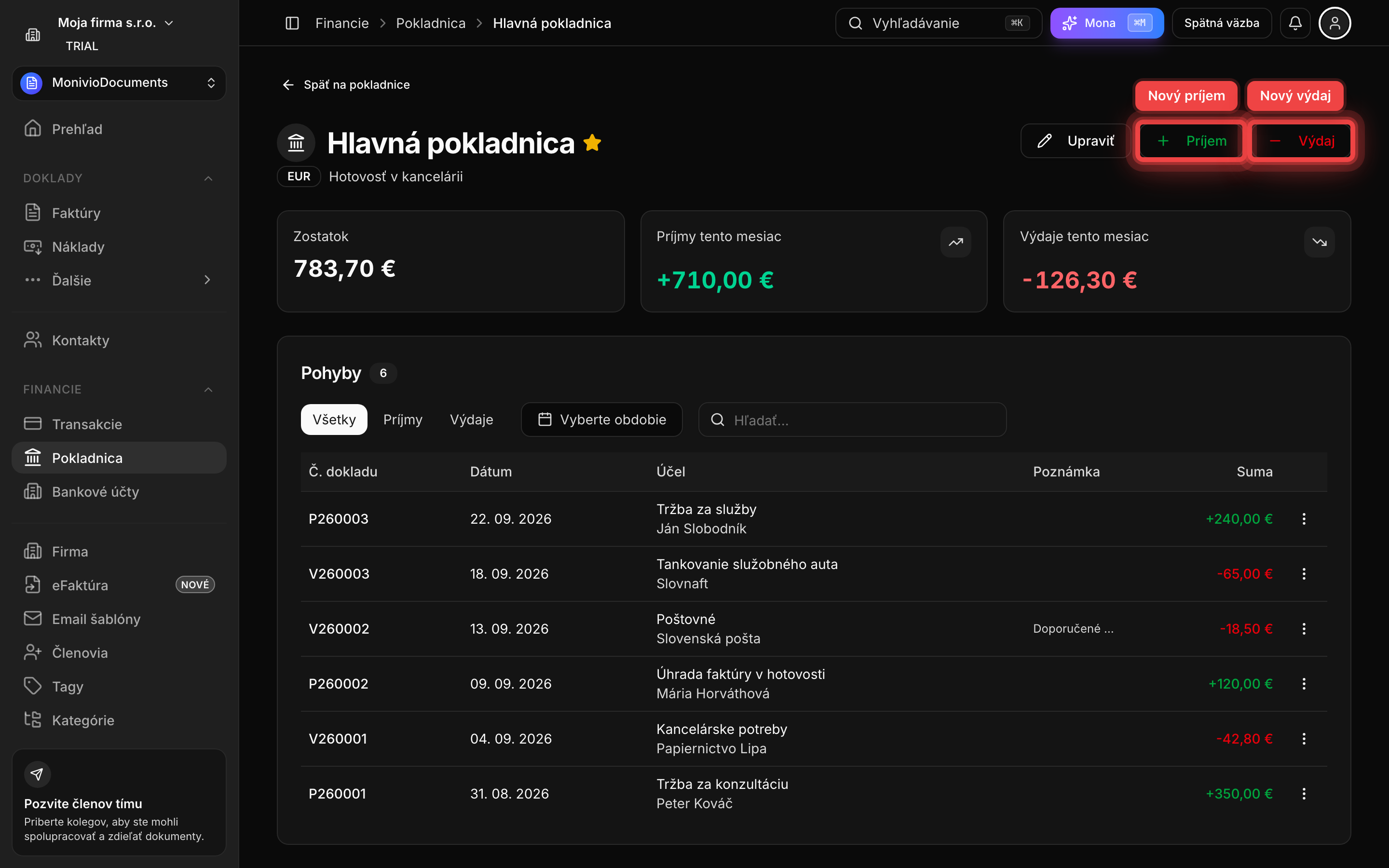 Detail pokladnice so zostatkom, mesačnými súčtami, zoznamom pohybov a tlačidlami Príjem a Výdaj