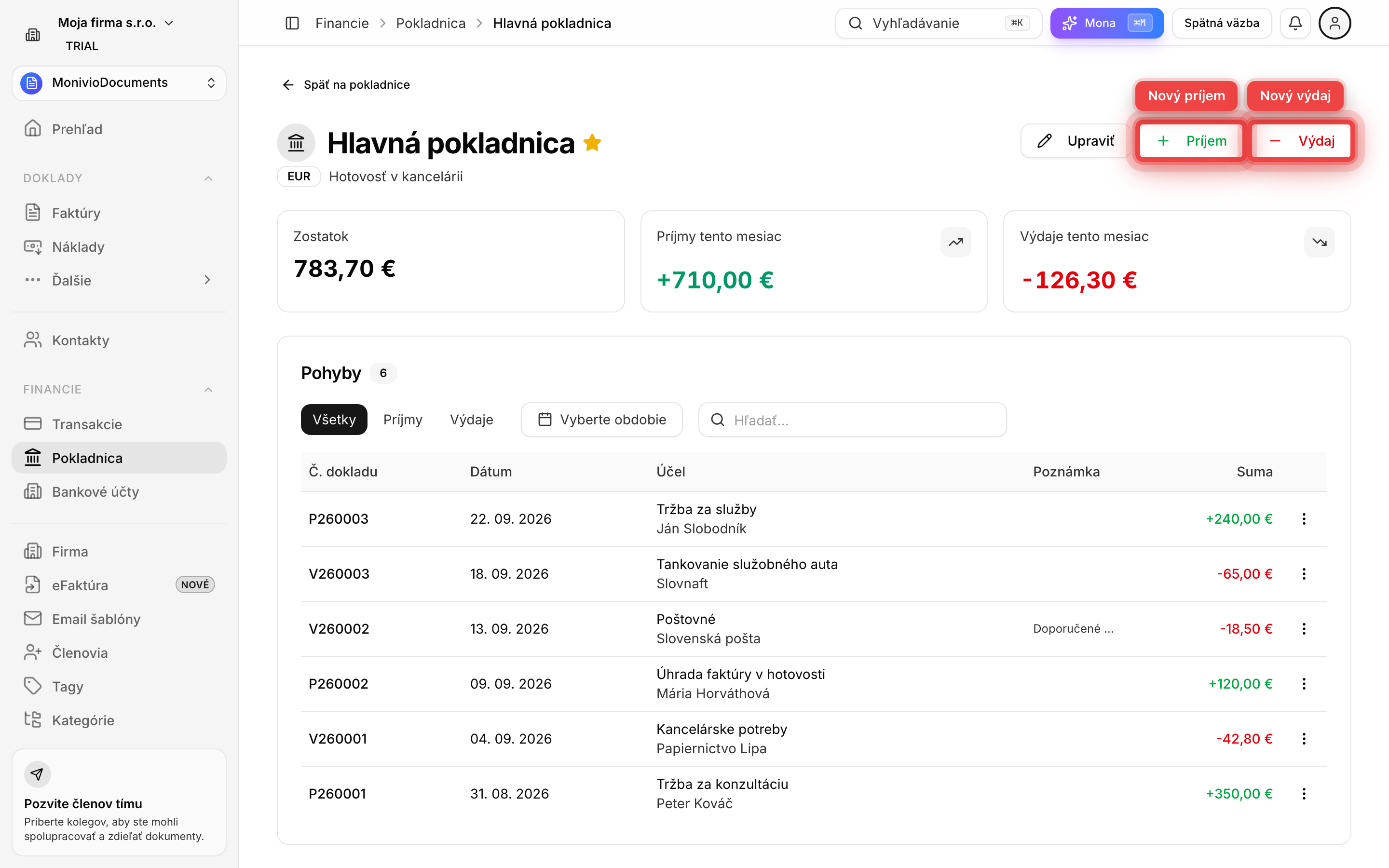 Detail pokladnice so zostatkom, mesačnými súčtami, zoznamom pohybov a tlačidlami Príjem a Výdaj