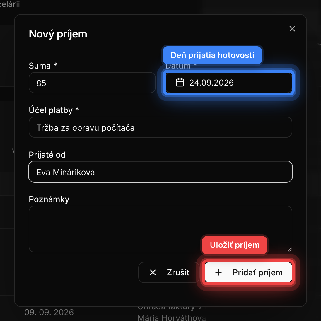 Formulár Nový príjem s vyplnenou sumou, dátumom, účelom a menom platiteľa