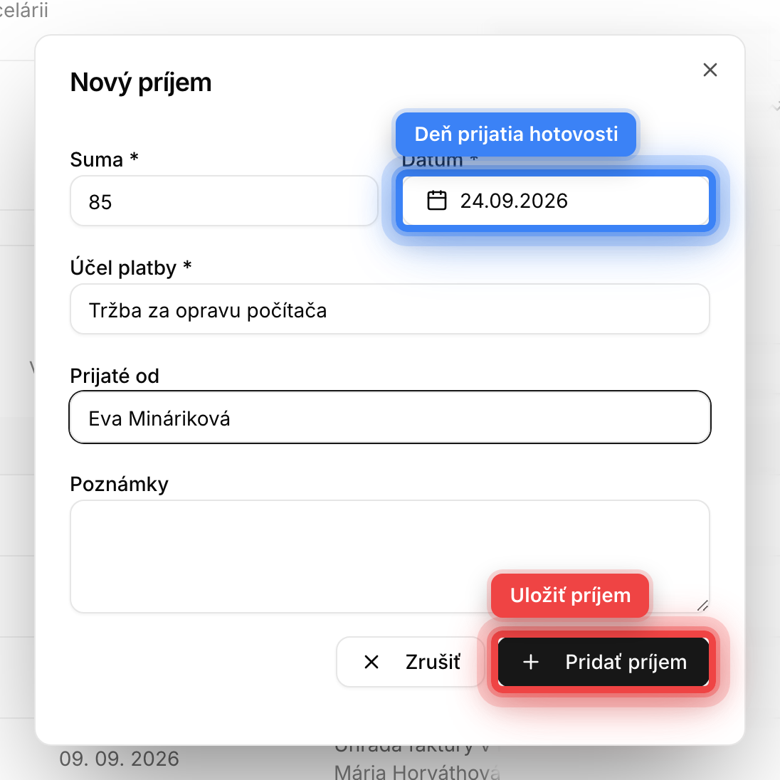 Formulár Nový príjem s vyplnenou sumou, dátumom, účelom a menom platiteľa